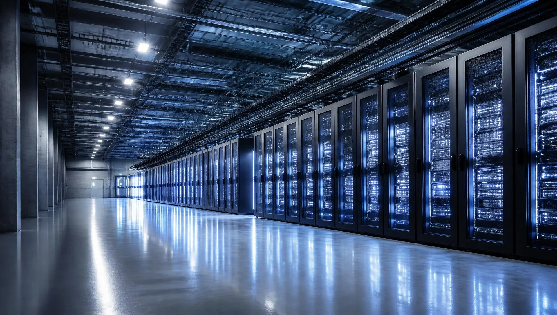 Illuminated server racks inside a modern data center hall