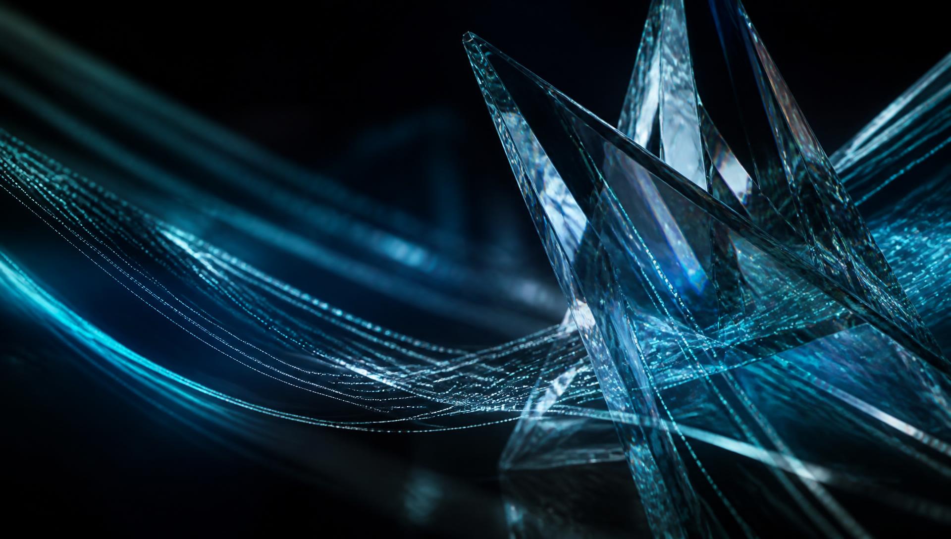Abstract crystalline glass structures lit by cool blue light